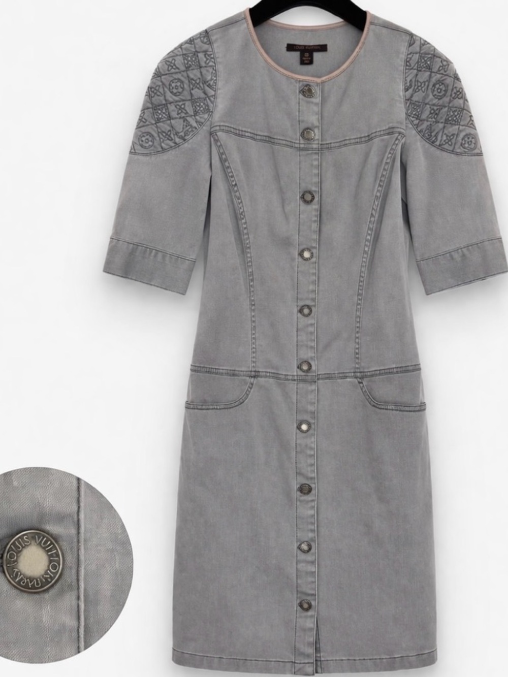 Louis Vuitton Denim Dress Gray Monogram Button Front Stretch Size 36 US 4